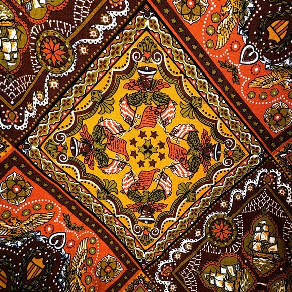 Vintage 1970s 86" Round Tablecloth Patriotic Americana Print Ships Eagles Autumn - Picture 6 of 9